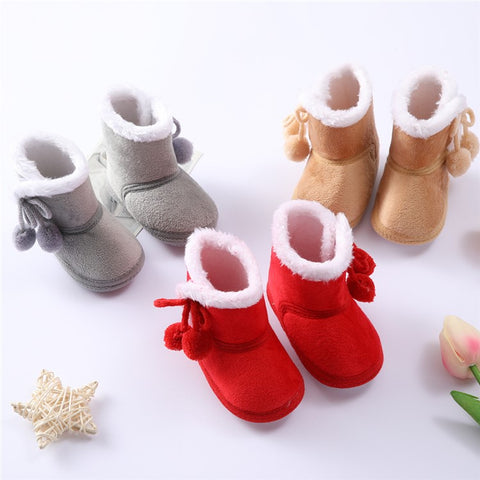 Polar Fleece Winter Toddler First Walking Shoes Non-slip Baby Booties with Pompom Decor
