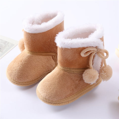 Polar Fleece Winter Toddler First Walking Shoes Non-slip Baby Booties with Pompom Decor
