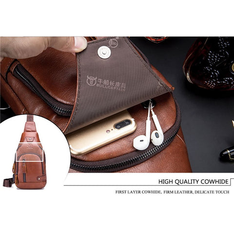 BULLCAPTAIN 129 Top-Layer Cowhide Leather Outdoor Chest Bag Crossbody Sling Bag Casual Daypack