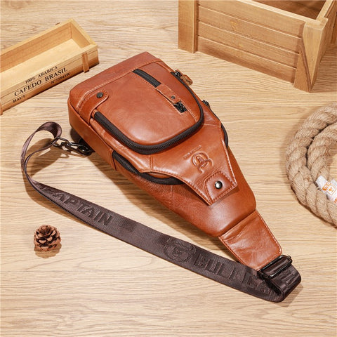 BULLCAPTAIN 129 Top-Layer Cowhide Leather Outdoor Chest Bag Crossbody Sling Bag Casual Daypack