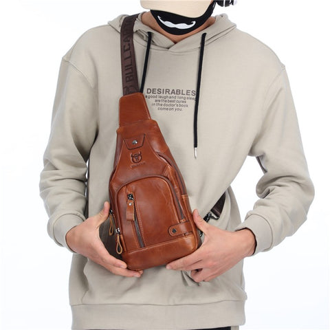 BULLCAPTAIN 129 Top-Layer Cowhide Leather Outdoor Chest Bag Crossbody Sling Bag Casual Daypack