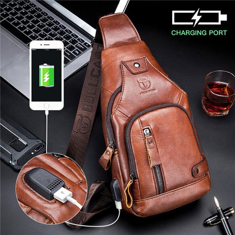 BULLCAPTAIN 129 Top-Layer Cowhide Leather Outdoor Chest Bag Crossbody Sling Bag Casual Daypack