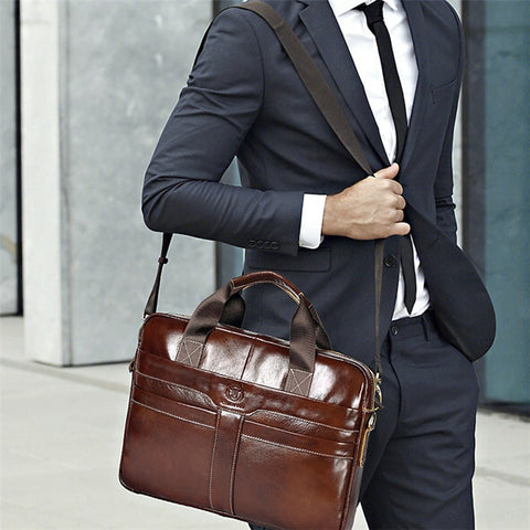 BULLCAPTAIN 053 Business Briefcase Top-Layer Cowhide Leather Handbag Shoulder Bag Laptop Messenger Crossbody Bag