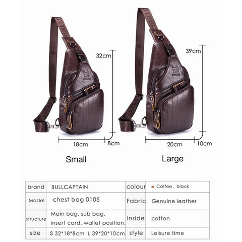 BULLCAPTAIN 105 Top Layer Cowhide Leather Chest Bag Men Casual Sport Single Shoulder Bag, Size S