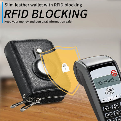 RFID Blocking Card Holder PU Leather Zipper Wallet with Built-in Case for Apple AirTag