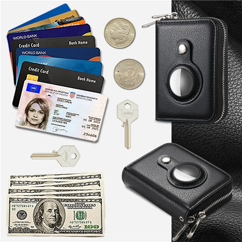 RFID Blocking Card Holder PU Leather Zipper Wallet with Built-in Case for Apple AirTag