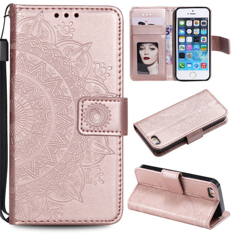Imprinted Mandala Pattern PU Leather Phone Shell Case for iPhone SE/5s/5