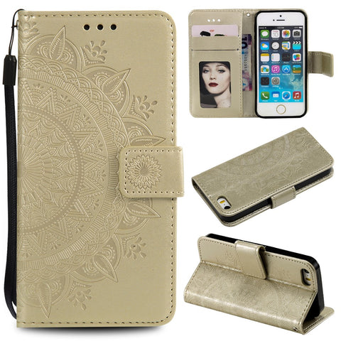 Imprinted Mandala Pattern PU Leather Phone Shell Case for iPhone SE/5s/5
