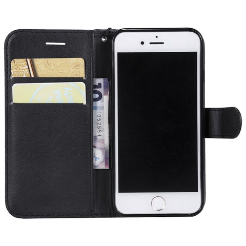 For iPhone 7 / 8 / SE (2022) / SE (2020) Case Solid Color Leather Mobile Cover Wallet Stand with Strap