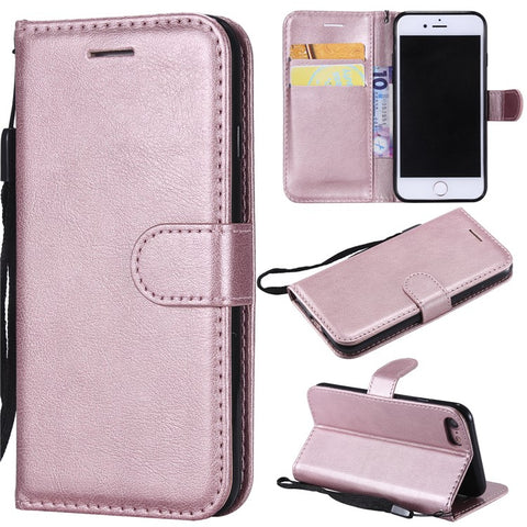 For iPhone 7 / 8 / SE (2022) / SE (2020) Case Solid Color Leather Mobile Cover Wallet Stand with Strap