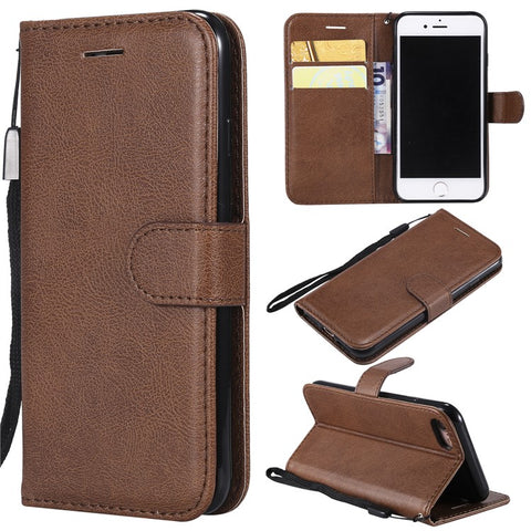For iPhone 7 / 8 / SE (2022) / SE (2020) Case Solid Color Leather Mobile Cover Wallet Stand with Strap