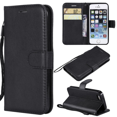 For iPhone SE / 5s / 5 Case Solid Color Leather Mobile Cover Wallet Stand with Strap