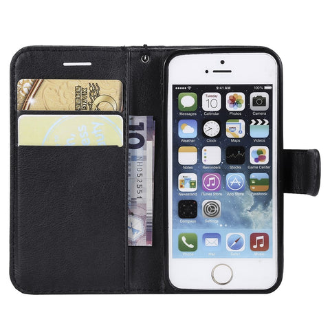 For iPhone SE / 5s / 5 Case Solid Color Leather Mobile Cover Wallet Stand with Strap