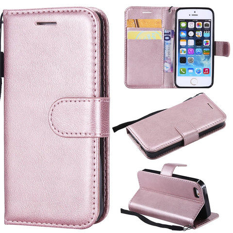 For iPhone SE / 5s / 5 Case Solid Color Leather Mobile Cover Wallet Stand with Strap