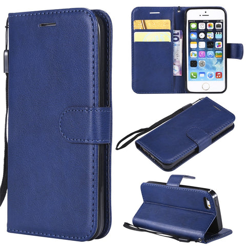 For iPhone SE / 5s / 5 Case Solid Color Leather Mobile Cover Wallet Stand with Strap