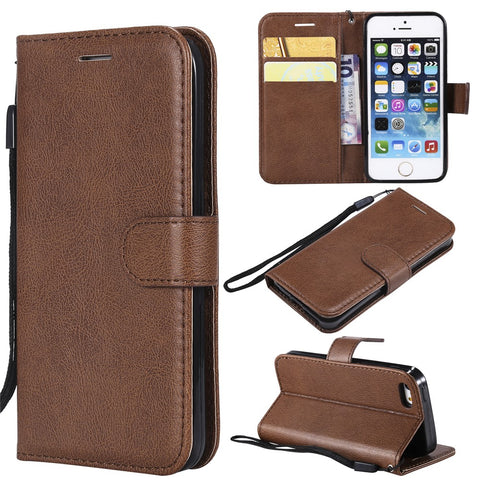 For iPhone SE / 5s / 5 Case Solid Color Leather Mobile Cover Wallet Stand with Strap