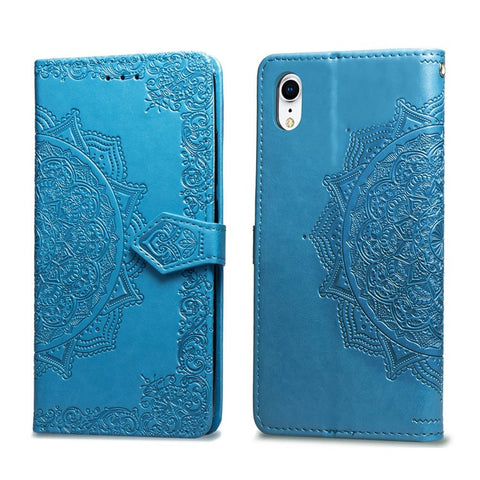 Imprinted Half Mandala Flower Leather Wallet Stand Protective Shell for iPhone XR 6.1 inch