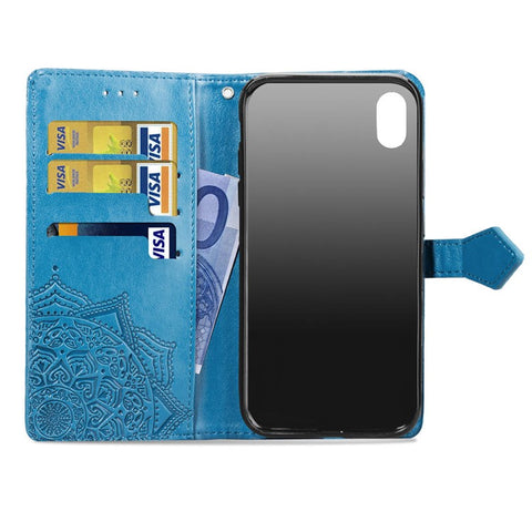 Imprinted Half Mandala Flower Leather Wallet Stand Protective Shell for iPhone XR 6.1 inch