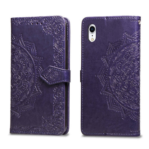 Imprinted Half Mandala Flower Leather Wallet Stand Protective Shell for iPhone XR 6.1 inch