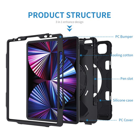 Kickstand Hybrid Tablet Case with Strap for iPad Air 11 (2025) / (2024) / Pro 11 (2022) / (2021) / (2020) / (2018)