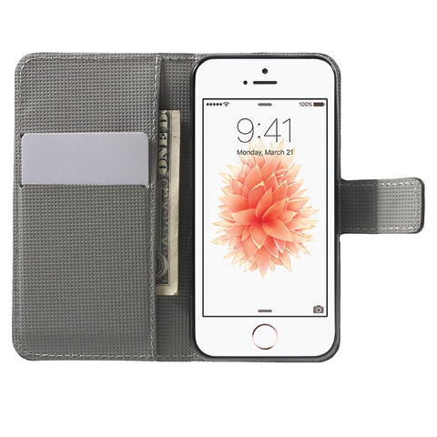 Water Transfer Printing Patterned Leather Wallet Stand Protective Case for iPhone SE/5s/5