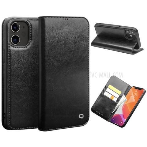QIALINO For iPhone 12 mini 5.4 inch Genuine Cowhide Leather Case Wallet Stand Phone Cover