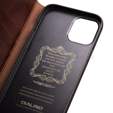 QIALINO For iPhone 12 mini 5.4 inch Genuine Cowhide Leather Case Wallet Stand Phone Cover