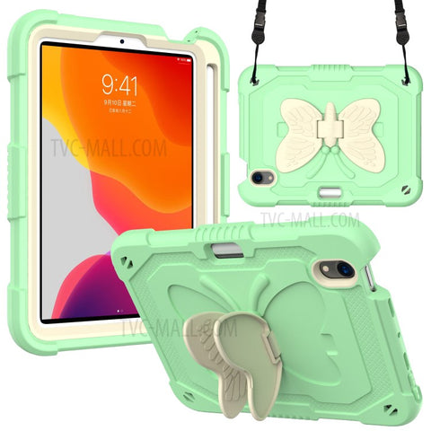 Color Splicing Butterfly Shape Kickstand Tablet Protective Case Cover with Shoulder Strap for iPad mini (2024) / mini (2021)