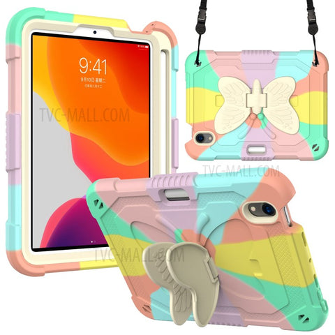 Color Splicing Butterfly Shape Kickstand Tablet Protective Case Cover with Shoulder Strap for iPad mini (2024) / mini (2021)
