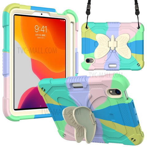 Color Splicing Butterfly Shape Kickstand Tablet Protective Case Cover with Shoulder Strap for iPad mini (2024) / mini (2021)