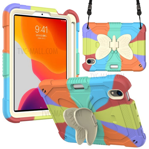 Color Splicing Butterfly Shape Kickstand Tablet Protective Case Cover with Shoulder Strap for iPad mini (2024) / mini (2021)