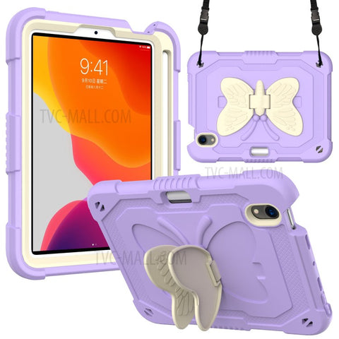 Color Splicing Butterfly Shape Kickstand Tablet Protective Case Cover with Shoulder Strap for iPad mini (2024) / mini (2021)