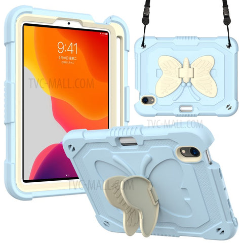 Color Splicing Butterfly Shape Kickstand Tablet Protective Case Cover with Shoulder Strap for iPad mini (2024) / mini (2021)