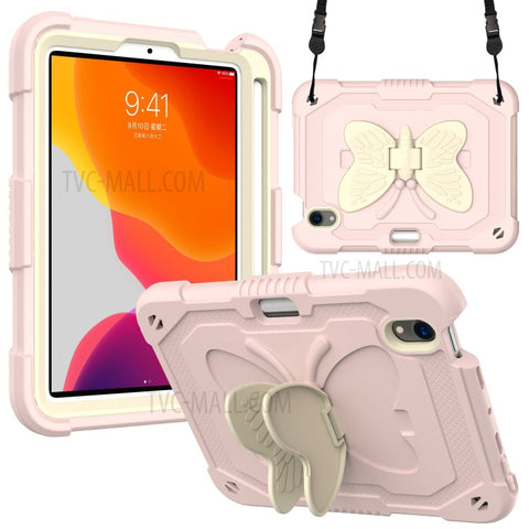 Color Splicing Butterfly Shape Kickstand Tablet Protective Case Cover with Shoulder Strap for iPad mini (2024) / mini (2021)