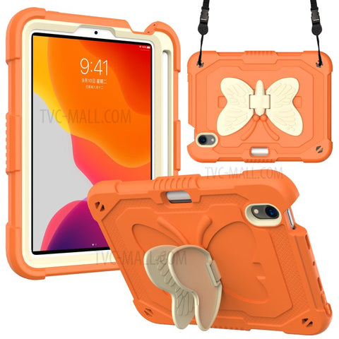 Color Splicing Butterfly Shape Kickstand Tablet Protective Case Cover with Shoulder Strap for iPad mini (2024) / mini (2021)