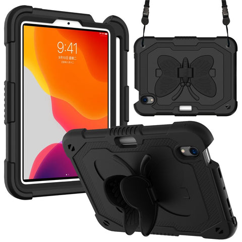 Solid Color PC + Silicone Tablet Cover Shell with Butterfly Shape Kickstand and Shoulder Strap for iPad mini (2024) / mini (2021)