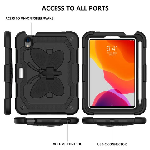 Solid Color PC + Silicone Tablet Cover Shell with Butterfly Shape Kickstand and Shoulder Strap for iPad mini (2024) / mini (2021)