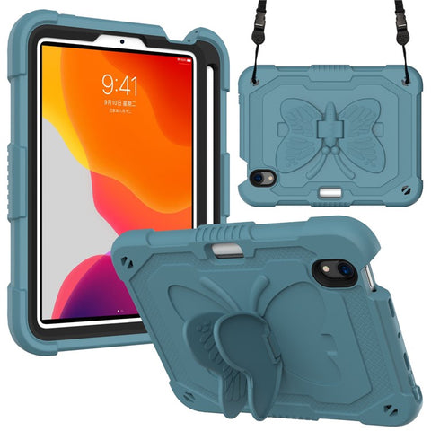 Solid Color PC + Silicone Tablet Cover Shell with Butterfly Shape Kickstand and Shoulder Strap for iPad mini (2024) / mini (2021)