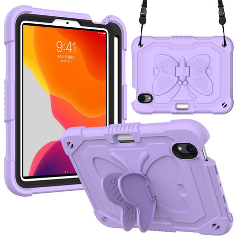 Solid Color PC + Silicone Tablet Cover Shell with Butterfly Shape Kickstand and Shoulder Strap for iPad mini (2024) / mini (2021)