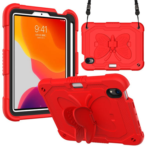Solid Color PC + Silicone Tablet Cover Shell with Butterfly Shape Kickstand and Shoulder Strap for iPad mini (2024) / mini (2021)