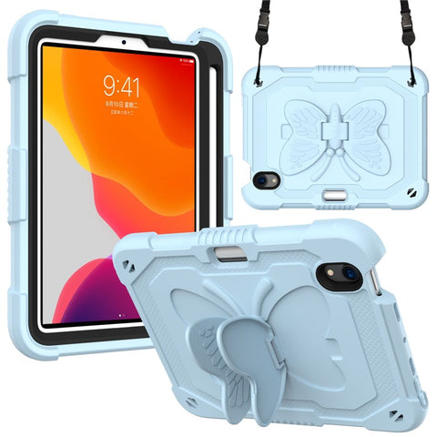 Solid Color PC + Silicone Tablet Cover Shell with Butterfly Shape Kickstand and Shoulder Strap for iPad mini (2024) / mini (2021)