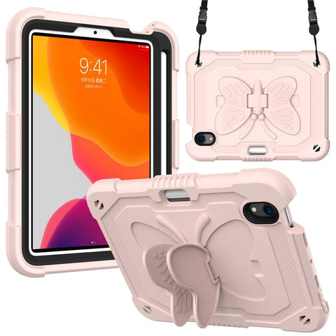 Solid Color PC + Silicone Tablet Cover Shell with Butterfly Shape Kickstand and Shoulder Strap for iPad mini (2024) / mini (2021)