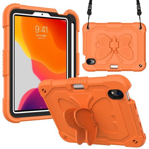 Solid Color PC + Silicone Tablet Cover Shell with Butterfly Shape Kickstand and Shoulder Strap for iPad mini (2024) / mini (2021)