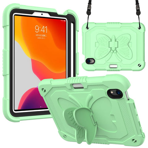 Solid Color PC + Silicone Tablet Cover Shell with Butterfly Shape Kickstand and Shoulder Strap for iPad mini (2024) / mini (2021)