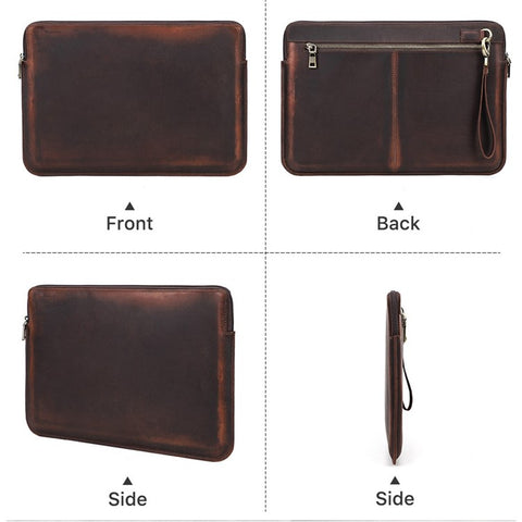 CONTACTS FAMILY Large Capacity Retro Crazy Horse Cowhide Genuine Leather Laptop Protective Bag with Hand Strap for MacBook Pro 15.4inch/16inch