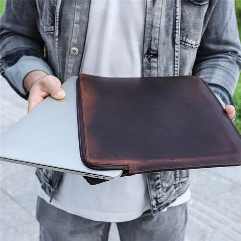 CONTACTS FAMILY Large Capacity Retro Crazy Horse Cowhide Genuine Leather Laptop Protective Bag with Hand Strap for MacBook Pro 15.4inch/16inch