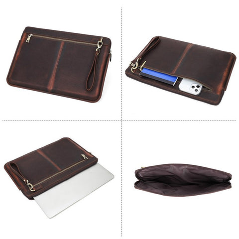 CONTACTS FAMILY Large Capacity Retro Crazy Horse Cowhide Genuine Leather Laptop Protective Bag with Hand Strap for MacBook Pro 15.4inch/16inch