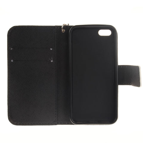Patterned Leather Wallet Stand Case for iPhone SE/5s/5 with Wrist Strap