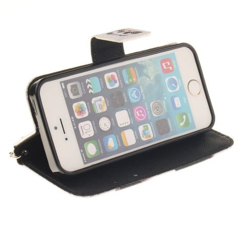 Patterned Leather Wallet Stand Case for iPhone SE/5s/5 with Wrist Strap