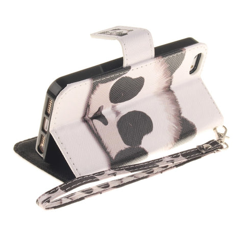 Patterned Leather Wallet Stand Case for iPhone SE/5s/5 with Wrist Strap